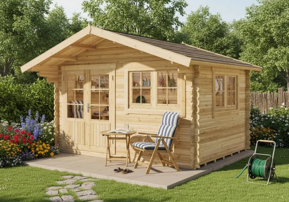 Abri de jardin Gabriel-34, dimensions 400 x 300 cm, épaisseur de paroi 34 mm, avec sol en bois, 10,07 m², imperméabilisation pin