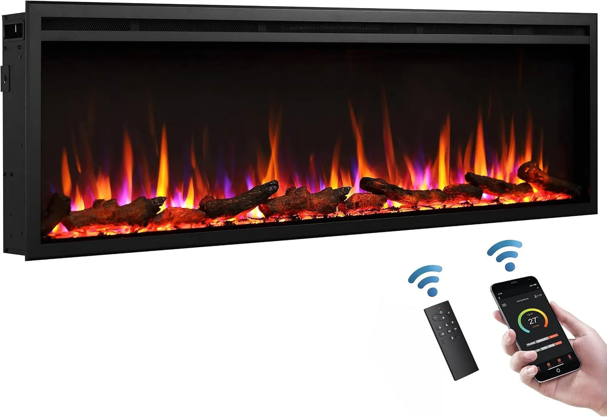 Cheminée électrique, Effet réaliste de Flammes en 3D, Foyer électrique encastrable avec Chauffage, minuterie, finition noire, BALDERIA Atalanta 60'