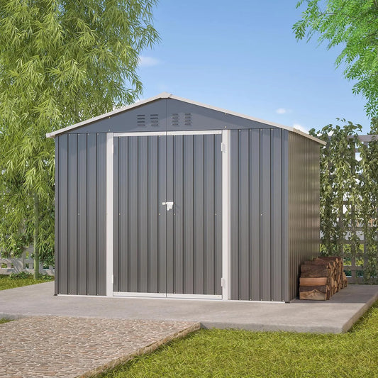 Abri de jardin, en métal 240 x 192 x 191 cm avec toit en appentis et porte battante, pour outils de jardin et rangement des outils