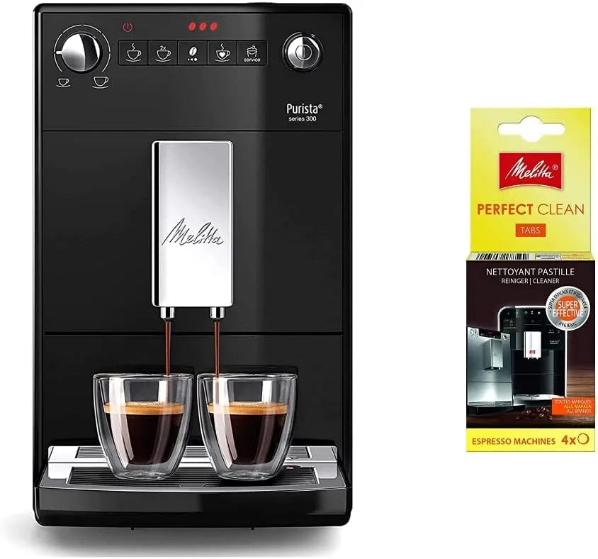 Melitta machine à café F230-102, 4 x 1,8 g, Purista, et Expresso Automatique avec Broyeur à Grains, Compacte & Nettoyant en Tablettes, finition noire