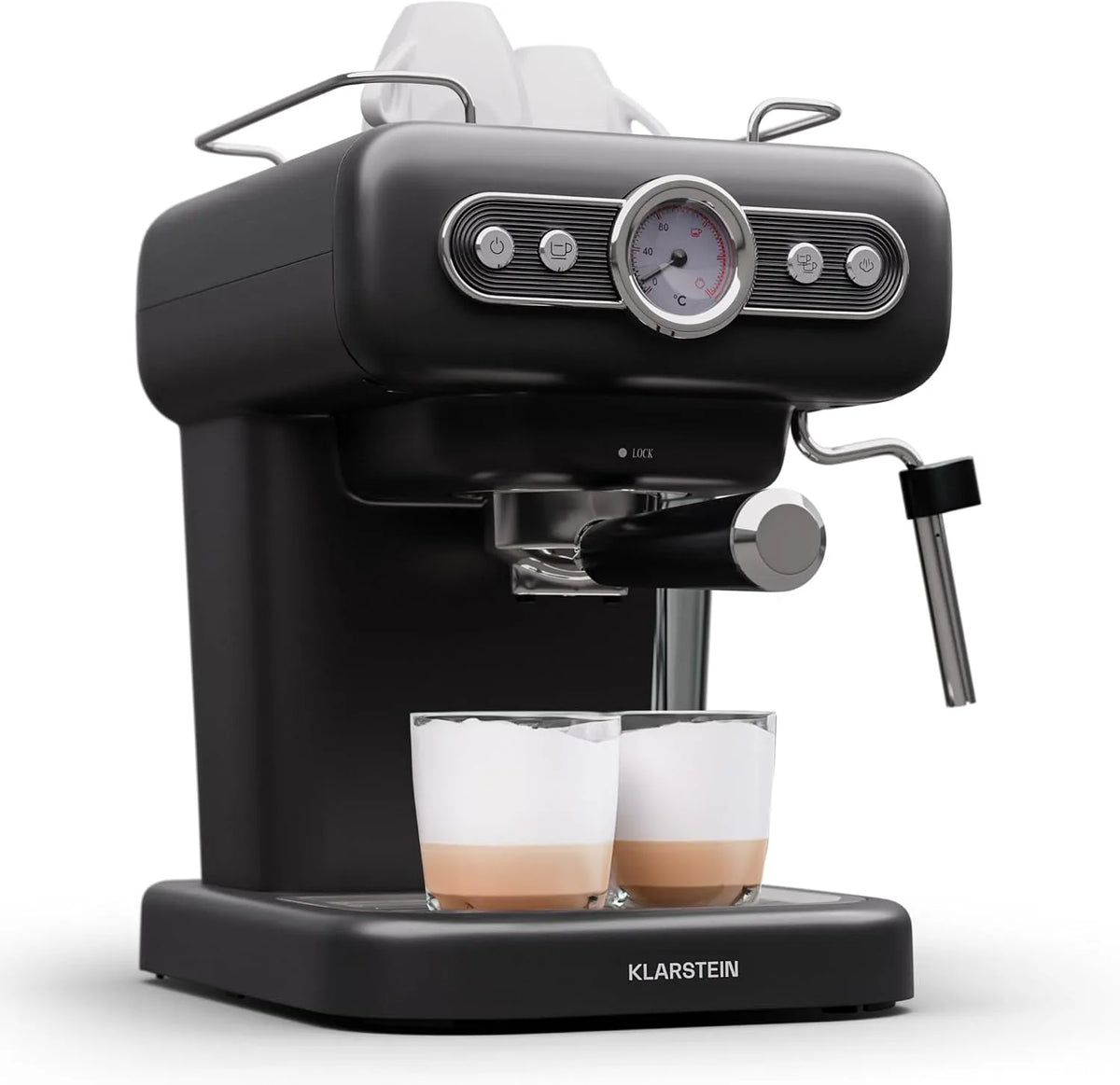 Klarstein machine à café, mini machine à expresso rétro 1,2 L avec porte-filtre, petite 950 W, en acier inoxydable pour cappuccino
