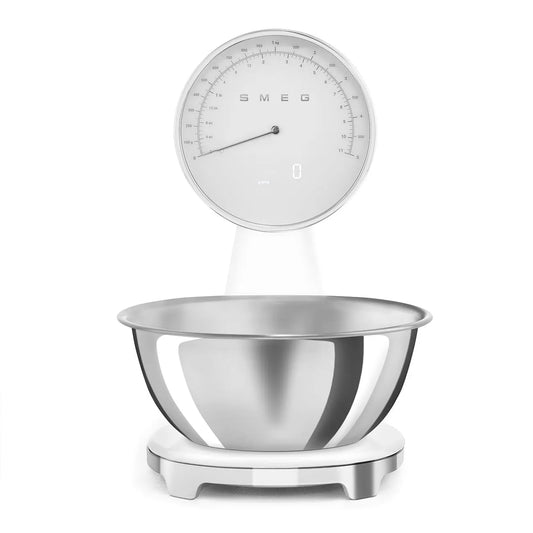 Smeg modèle KSF01WHWW, Capacité Maximale 5kg, avec Fonction Tare, Quatre Unités de Mesure g, finition blanche, Bol Amovible en Acier Inox de 1,8 L