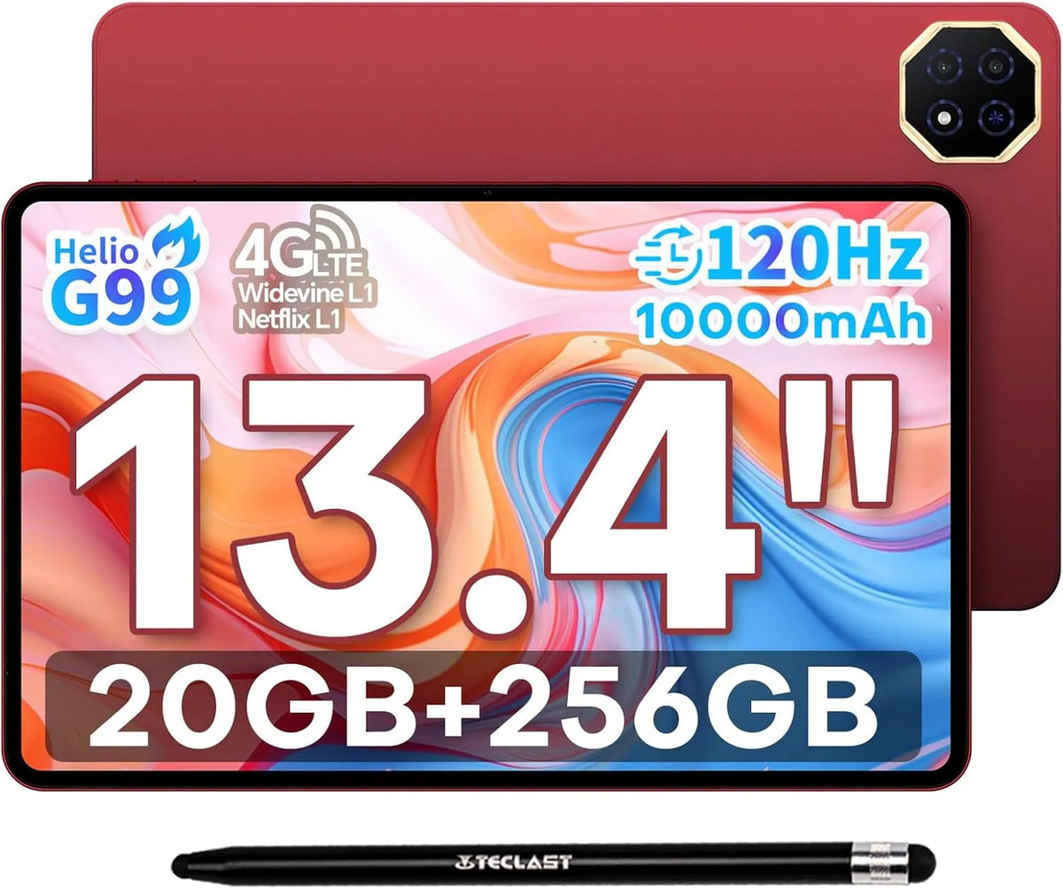 Modèle Plus Tablette 13.4 Pouces T65 G99 2.2GHz TECLAST, Écran 120Hz, 20Go RAM+256Go ROM, TF 8To, Dual SIM 4G LTE, 10000mAh, puissance 18W, 2026, OTG