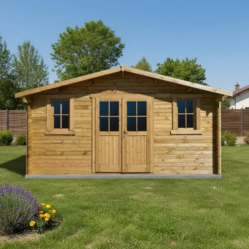 Abri de jardin, Bois Massif Traité 16m², Toiture Voliges 20mm, 2 Fenêtres, Double Porte, Traitement Marron, Kit Fondation, Résistant Intempéries