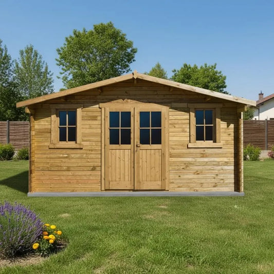 Abri de jardin, Bois Massif Traité 16m², Toiture Voliges 20mm, 2 Fenêtres, Double Porte, Traitement Marron, Kit Fondation, Résistant Intempéries