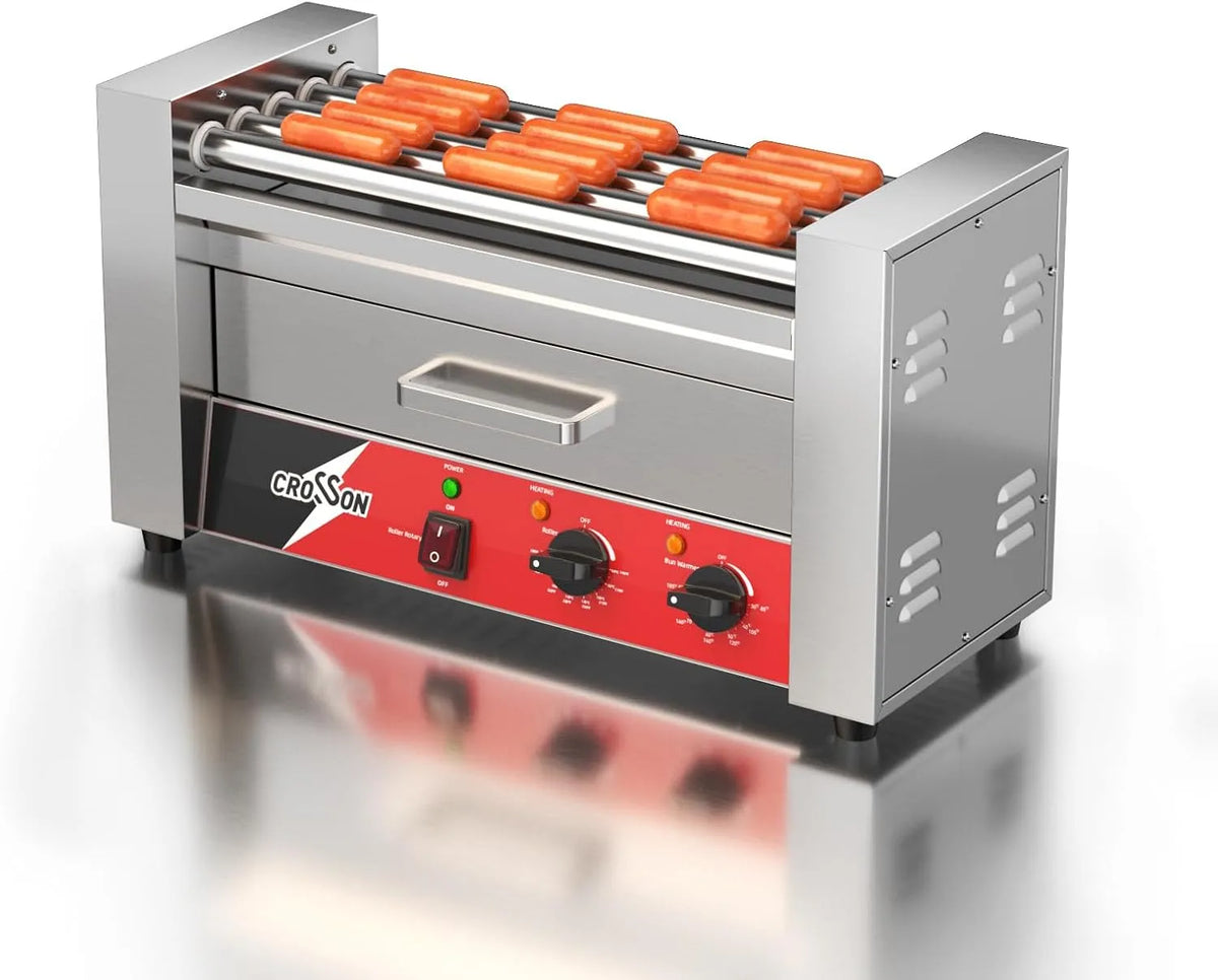 À Hot Dog Professionnel 5 Rouleaux CROSSON Machine, avec Tiroir Chauffant à Pains,12 Hotdogs 1050W Hot Dog Grill en Acier Inoxydable