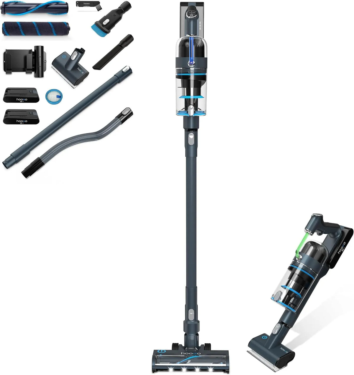 Aspirateur sans fil 2en1 Hoogo, autonomie 100 min, Sans sac, Éclairage LED, Aspirateur à main, S6+, 2 piles interchangeables, Poils d'animaux