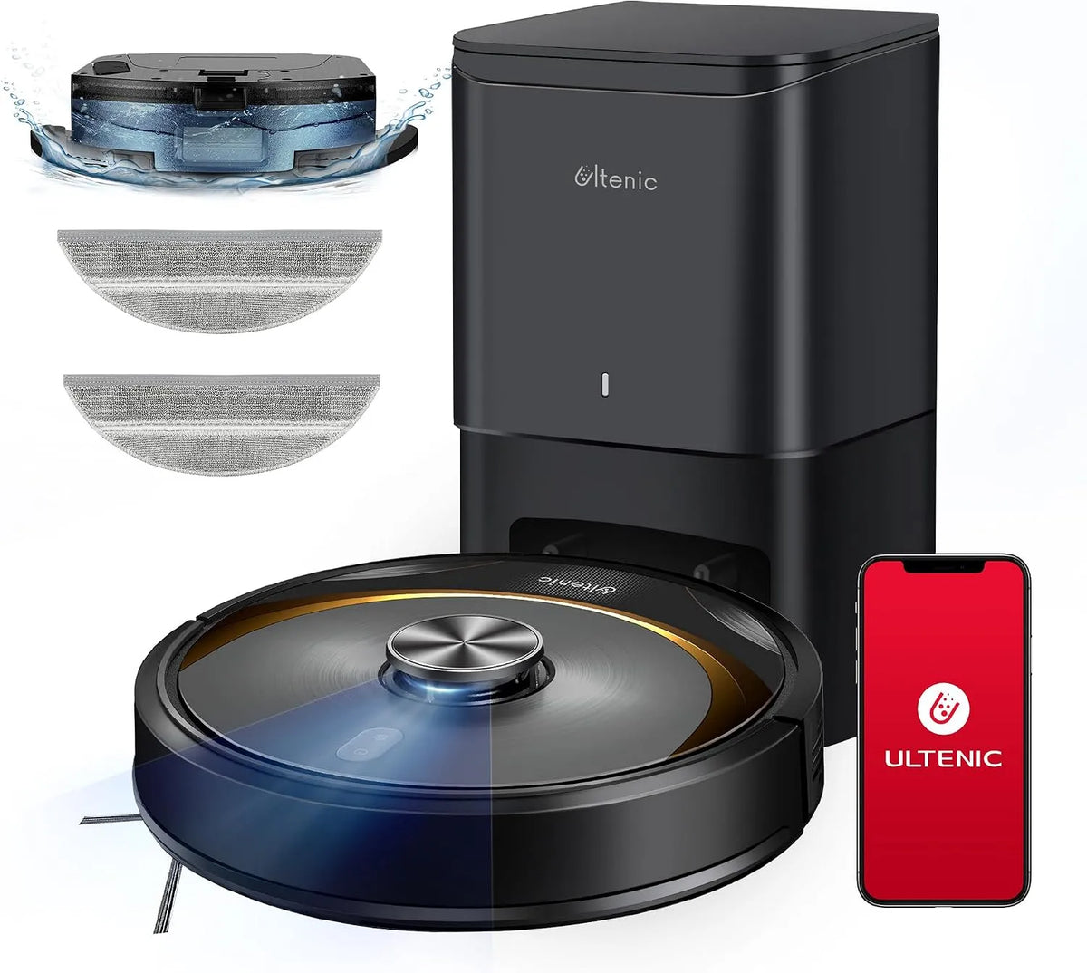 Aspirateur T10 Ultenic Elite Robot, Station Auto-Vidage, Connecté App et Alexa, Cheveux, finition noire, Navigation Lidar avec Cartographie