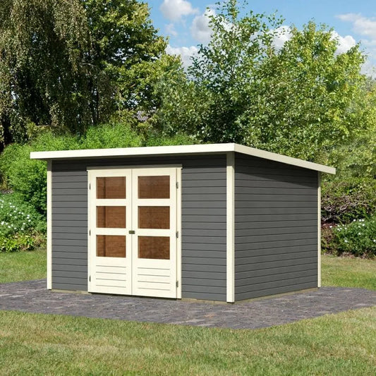 Abri de jardin, Bois Massif finition grise Terre 7,5m² Stockach 5, Double Porte Vitrée & Toit Plat, Structure Épicéa Nordique avec Peinture Écologique